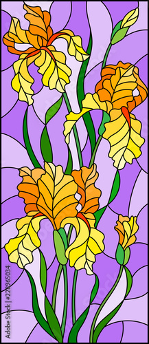 Fototapeta Naklejka Na Ścianę i Meble -  Illustration in stained glass style with  bouquet of yellow irises, flowers, buds and leaves on purple background