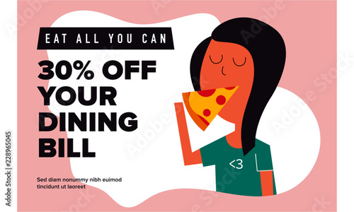 Flat Vector Illustration of hungry girl eating pizza. Pizza and girl. Pizza Delivery Ad template