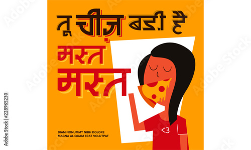 Flat Vector Illustration of hungry girl eating pizza. Pizza and girl. Pizza Design Template. Text in Hindi