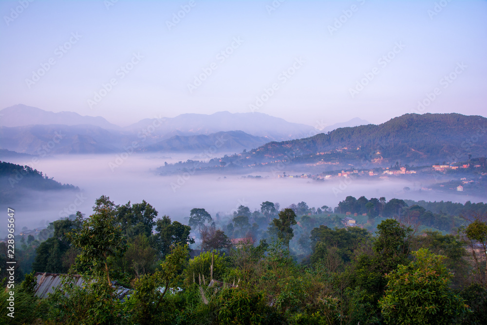 Village land covered by fog