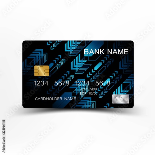 Modern credit card template design. With inspiration from the line abstract. Blue and black color on gray background illustration. Glossy plastic style.