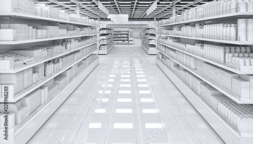 Interior of a supermarket with shelves with blank goods. 3d image.