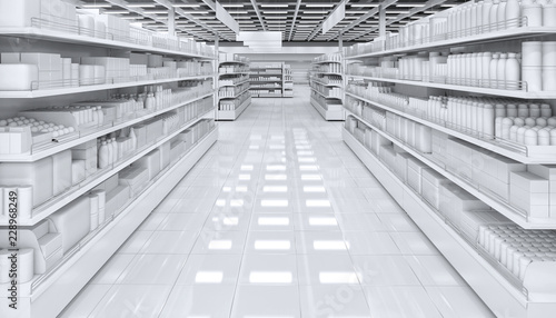 Tablou pe pânză Interior of a supermarket with shelves with blank goods
