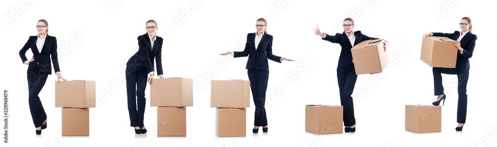 Woman businesswoman with boxes on white Woman businesswoman with boxes on white