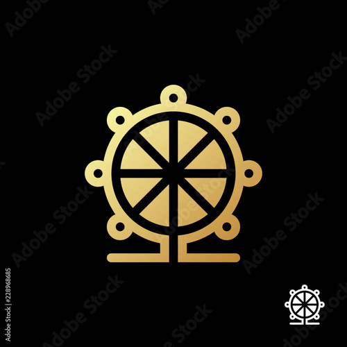 Gold ferris wheel logo template on black background. Vector illustration.