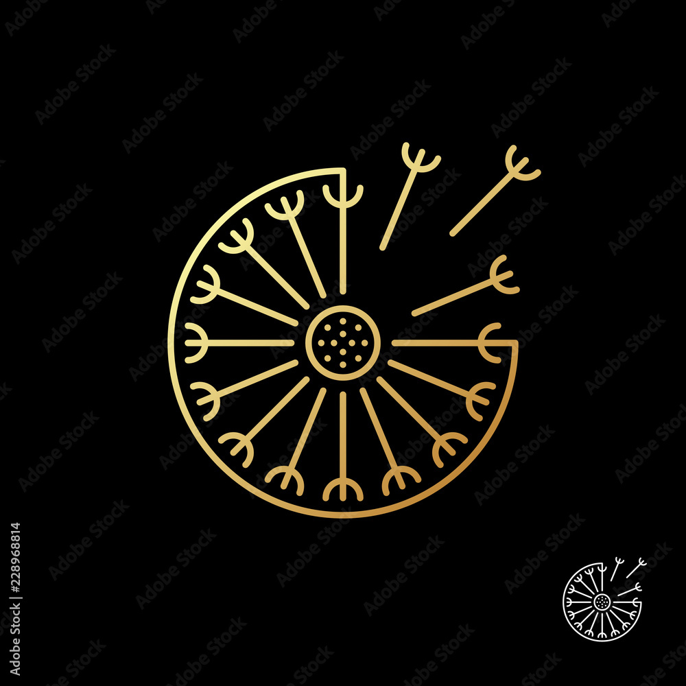 Fluffy gold dandelion logo template on black background. For flower shops, cosmetics store, beauty salons and clinic. Vector illustration.