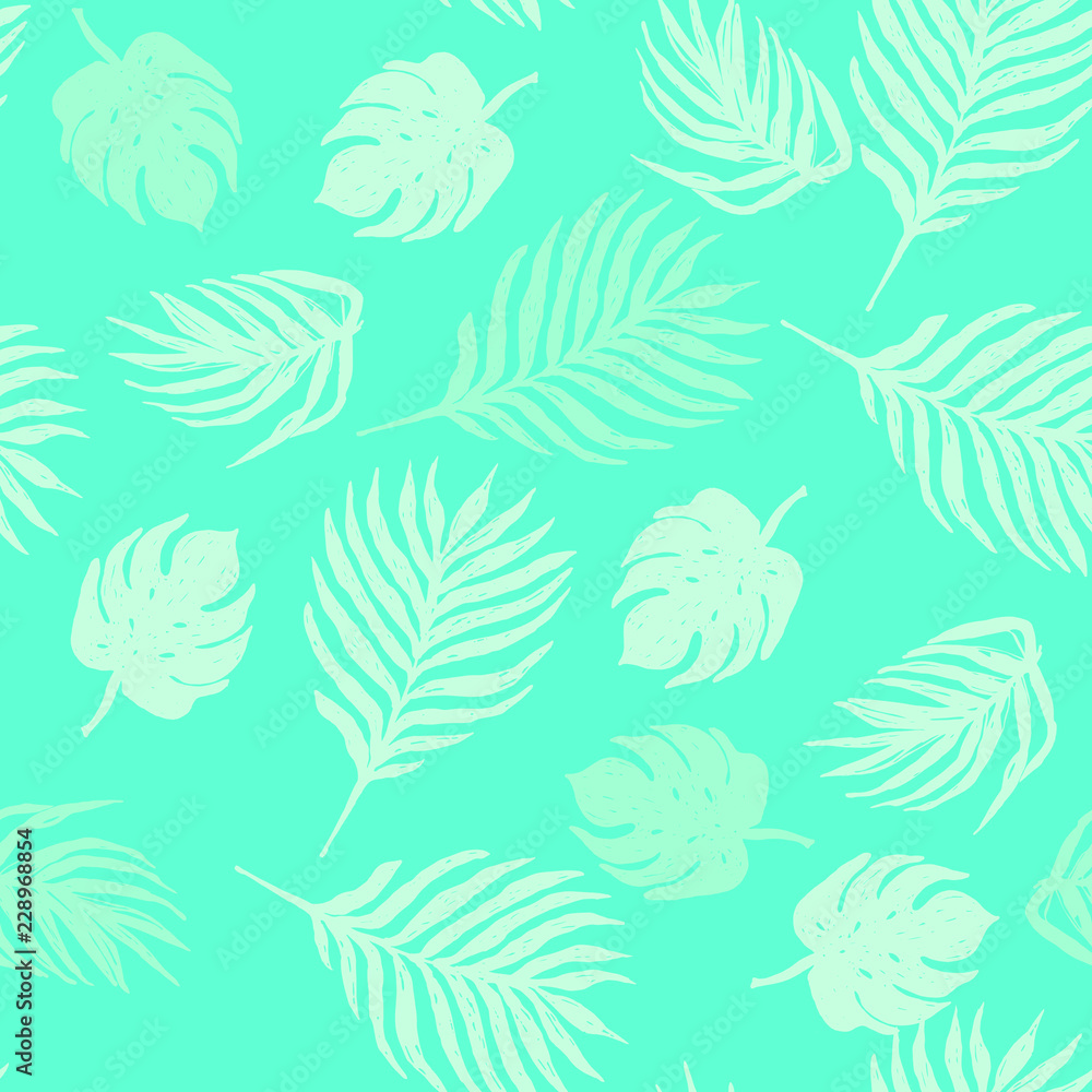 Fototapeta premium Dynamic Hand Drawn Brush Shapes and Exotic Palm Leaves Print . Illustration for Surface , Invitation , Notebook, Banner , Wrap Paper ,Textiles, Cover, Magazine ,Postcard Background ,Textile,Fashion 