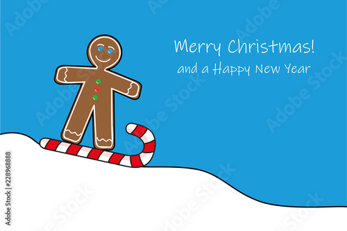 gingerbread man rides sledges on a candy cane
