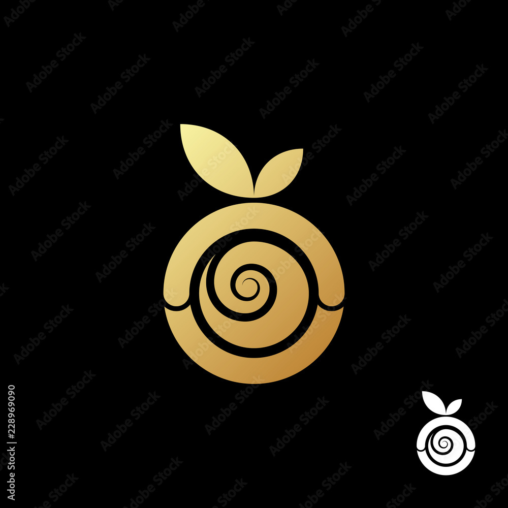 Abstract gold apple logo template on black background. Spiral gold seed  inside the apple. Vector illustration. Stock Vector | Adobe Stock