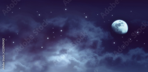 Cosmic background of night sky with stars, mysterious clouds and moon. Moon is taken by me with my camera.