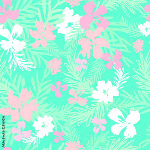 Summer Florals Ornament with Palm Leaves and Flowers.Illustration for Surface   Invitation   Notebook  Banner   Wrap Paper  Textiles  Cover  Magazine  Postcard 