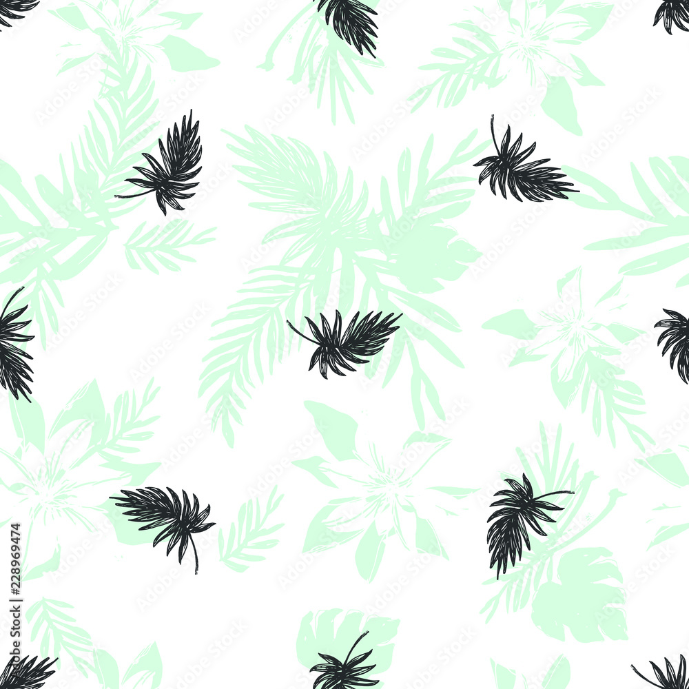 Dynamic Hand Drawn Brush  Shapes and Exotic Palm Leaves Print . Illustration for Surface , Invitation , Notebook, Banner , Wrap Paper ,Textiles, Cover, Magazine ,Postcard Background ,Textile,Fashion  
