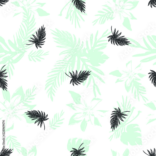 Dynamic Hand Drawn Brush  Shapes and Exotic Palm Leaves Print . Illustration for Surface , Invitation , Notebook, Banner , Wrap Paper ,Textiles, Cover, Magazine ,Postcard Background ,Textile,Fashion   © Mia