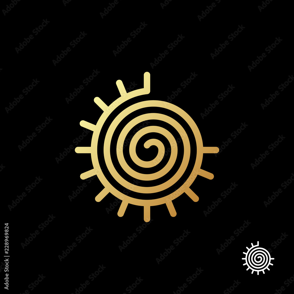 The sun logo template. Swirling gold sun on black background. Vector illustration. The sun logo template. Swirling gold sun on black background. Vector illustration.