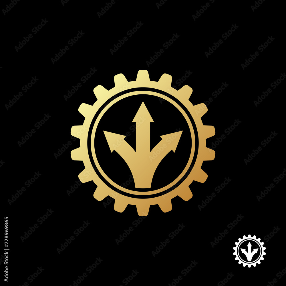 Gold gear logo template. Divergent arrows in opposite directions inside the gear. Vector illustration. Gold gear logo template. Divergent arrows in opposite directions inside the gear. Vector illustration.