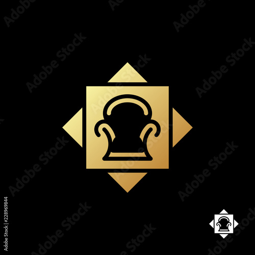 Classic gold rich armchair logo template. Unusual silhouette of the gold chairs in the square and the rhombus on black background. Vector illustration.