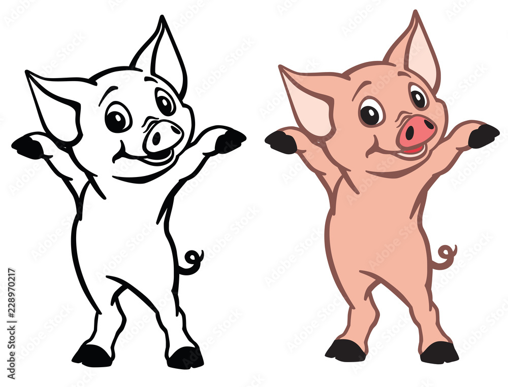 happy piglet . Cartoon little baby pig isolated on white . Black white outline and color vector illustration