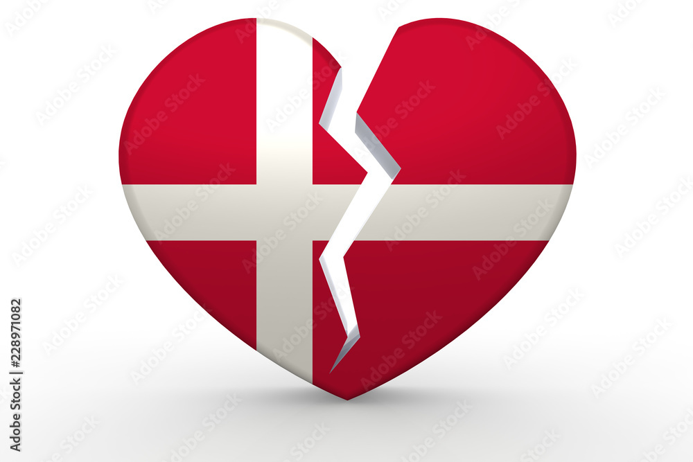 Broken white heart shape with Denmark flag Broken white heart shape with Denmark flag