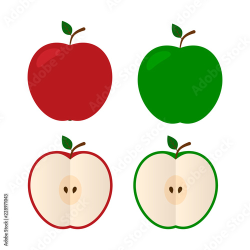 Red and green apple icons flat style whole and half isolated on white background. Autumn fruits vector illustration. Natural organic food concept.