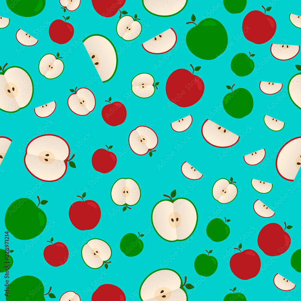 Apples seamless vector pattern. Red and green apple flat style whole and cut on blue background. Natural organic food and Harvest concept. Apples seamless vector pattern. Red and green apple flat style whole and cut on blue background. Natural organic food and Harvest concept.