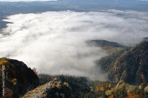 Landscape from Three Crowns massif in Pieniny mountains, Poland, deep fog in valley, hills covered with trees in autumnal colors.  © Wioletta