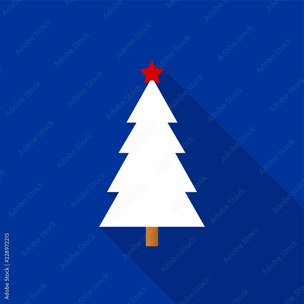 Obraz premium White Christmas tree icon with a red star and long shadow on a blue background. Vector Illustration EPS 10