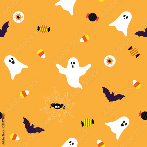 Halloween elements seamless pattern vector illustration  Spooky ghost with Halloween candy on orange background.