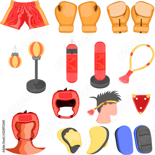 boxing equipment mitt sack crotch kick ring jump rope knee muay thai elbow gaiter stride pants rope chestnut jock strap vector illustration
