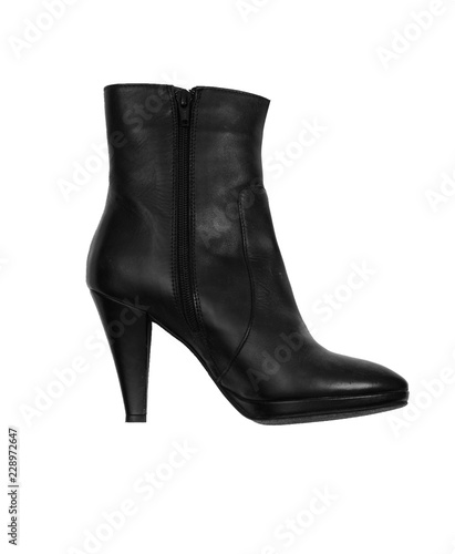 black leather high heel ankle boot isolated on white background