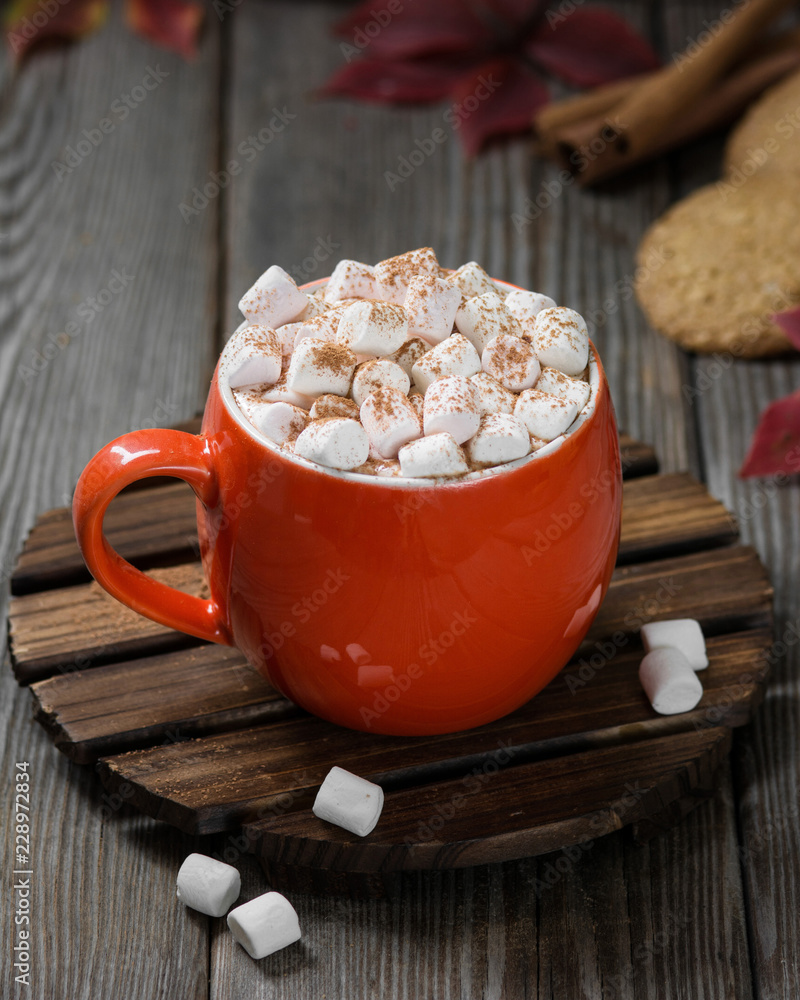 Cocoa in an orange cup with marshmallows Cocoa in an orange cup with marshmallows