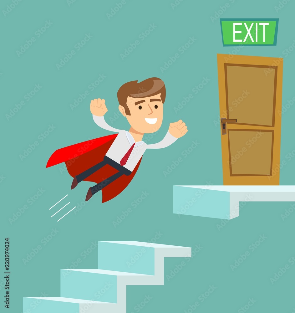 Super businessman in red cape flying up climbing stairs. Business competition concept. Super businessman in red cape flying up climbing stairs. Business competition concept.