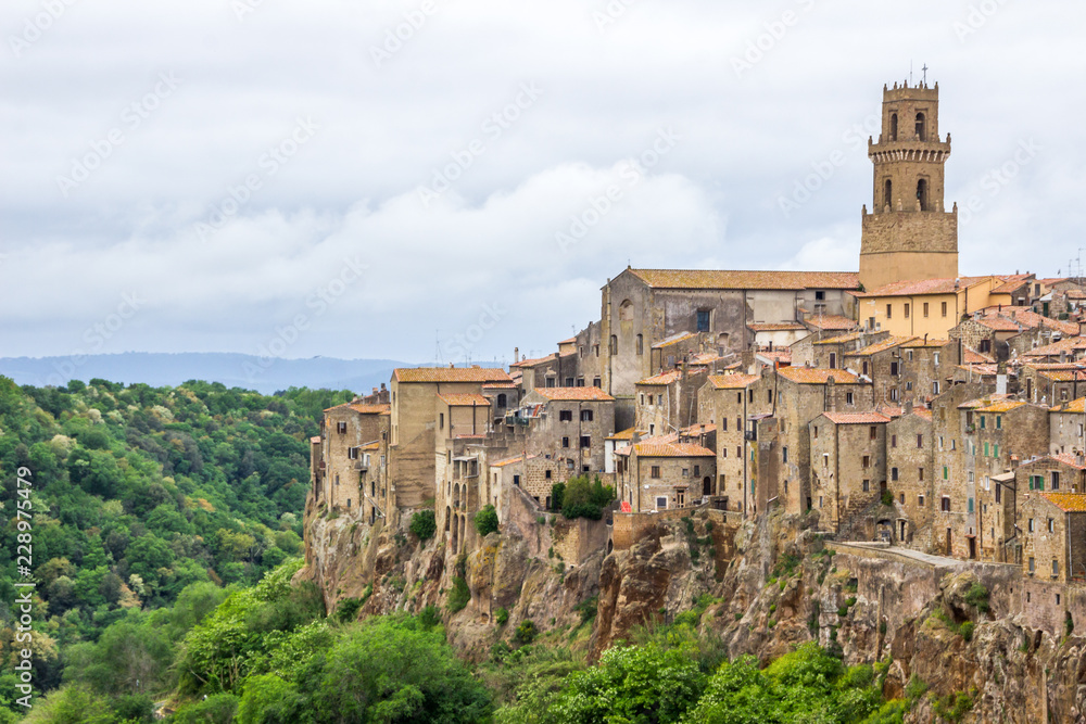 Pitigliano buildings and streets in medieval town in Tuscany