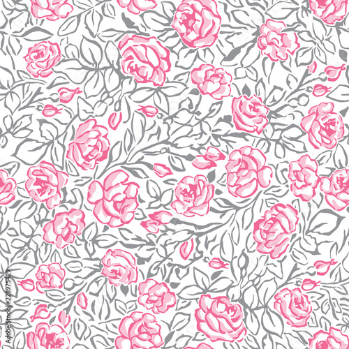 PInk Roses Seamless Pattern on White Background