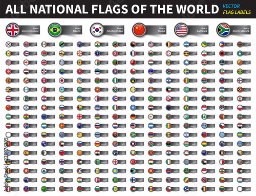 All national flags of the world . Circle cover glass with label design . Country name on it with text " made in " . You can use it for attach your product . Vector