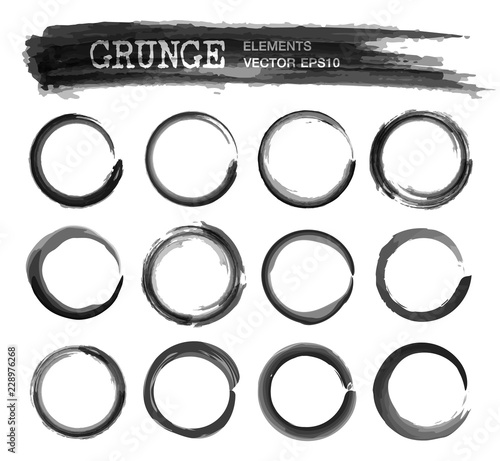 Set of grunge realistic black color ink watercolor painting circle frame design . Enso zen sphere style . Elements vector