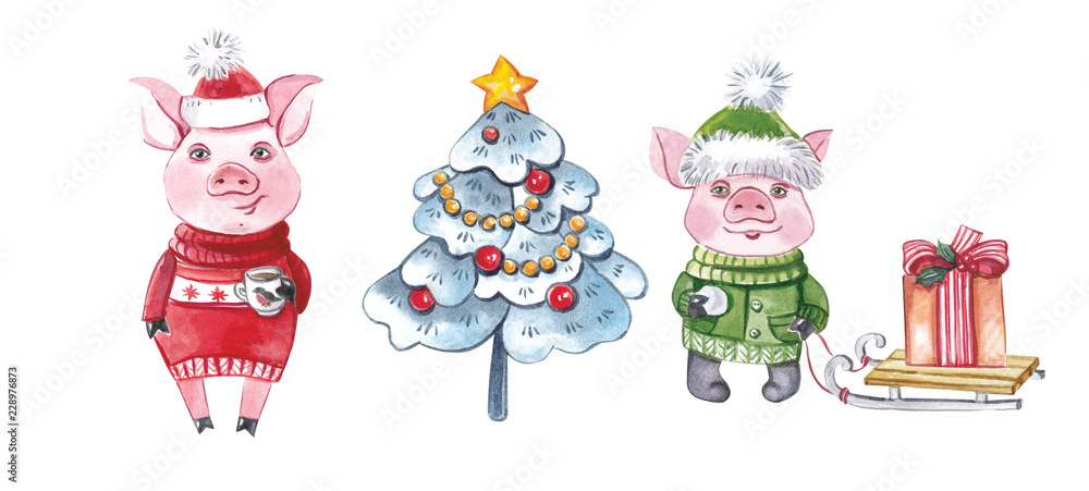 Christmas elements, pig mom with a piglet and an elegant Christmas tree. Symbol of the year 2019.