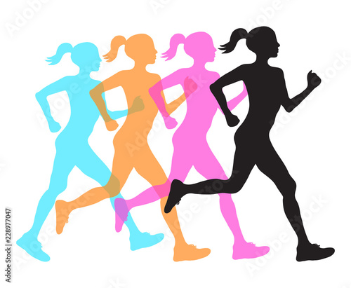four silhouette of running women profile black, orange pink and blue overlay, fitness concept, vector eps10 illustration