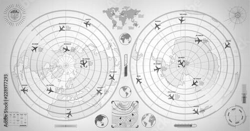 Detailed black military radar with two displays with with planes traces and target signs on white