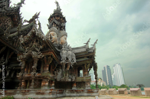 Sanctuary of Truth in Pattaya  Thailand. all-wood building filled with wooden sculptures based on traditional Buddhist and Hindu motives ans myths.