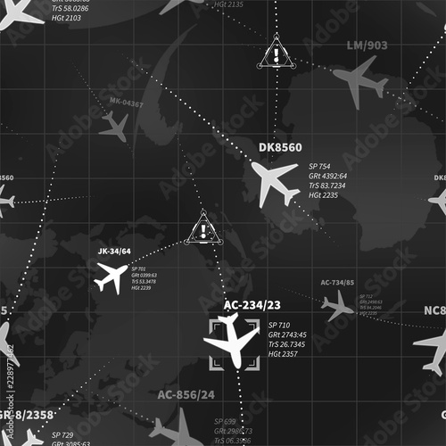 Detailed black and white radar display with planes routes and target signs seamless pattern