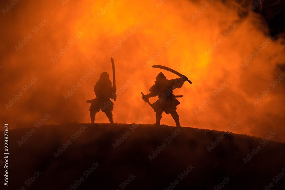 Silhouette of two samurais in duel. Picture with two samurais and ...