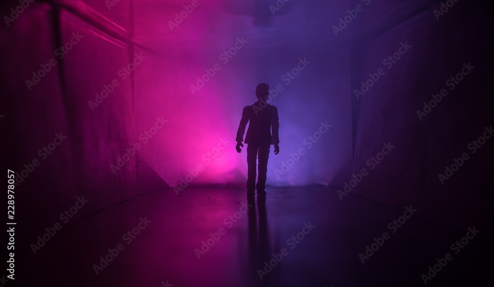 Creepy silhouette in the dark abandoned building. Horror about maniac concept or Dark corridor with cabinet doors and lights with silhouette of spooky horror person standing with different poses. Creepy silhouette in the dark abandoned building. Horror about maniac concept or Dark corridor with cabinet doors and lights with silhouette of spooky horror person standing with different poses.