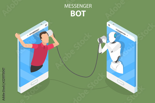 Flat isometric vector concept of messenger bot, ai, artificial intelligence, customer support, markting strategy.