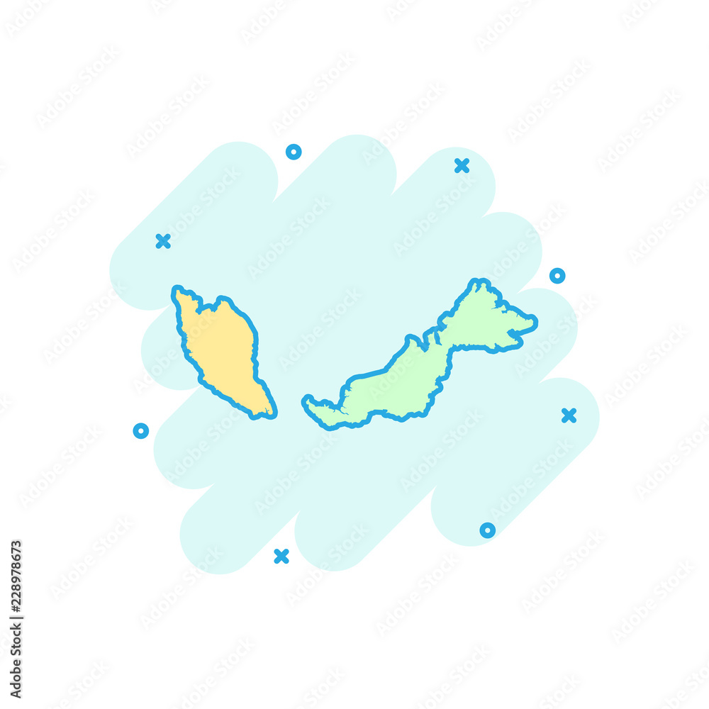 Vector cartoon Malaysia map icon in comic style. Malaysia sign illustration pictogram. Cartography map business splash effect concept.