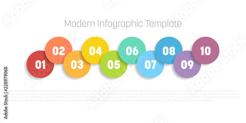 10 step process modern infographic diagram. Graph template of circles. Business concept of 10 steps or options. Modern design vector element in different colors with labels