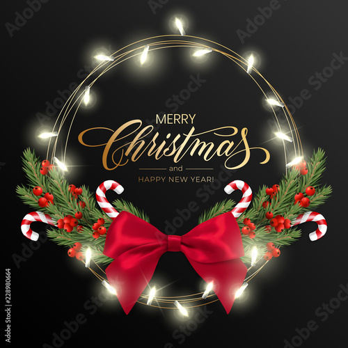 Holiday's Background for Merry Christmas greeting card with a realistic green garland of pine tree branches, decorated with Christmas lights, Christmas candy, snowflakes, red berries