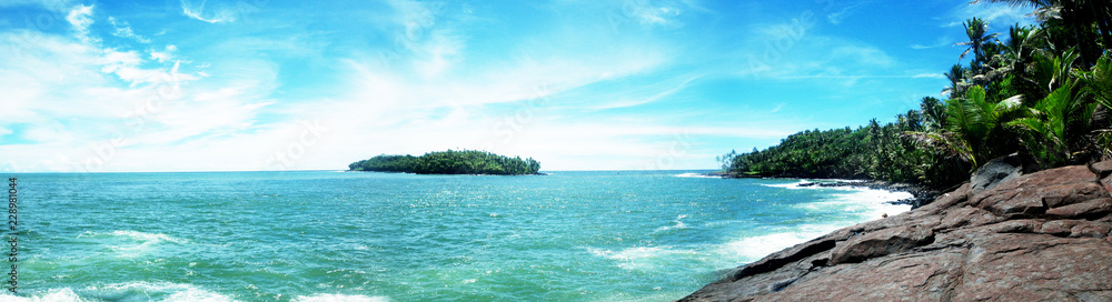 view from Royal island to the Devil's island in French Guiana. Tropical  beach adventure concept.
