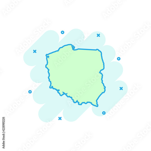 Vector cartoon Poland map icon in comic style. Poland sign illustration pictogram. Cartography map business splash effect concept.