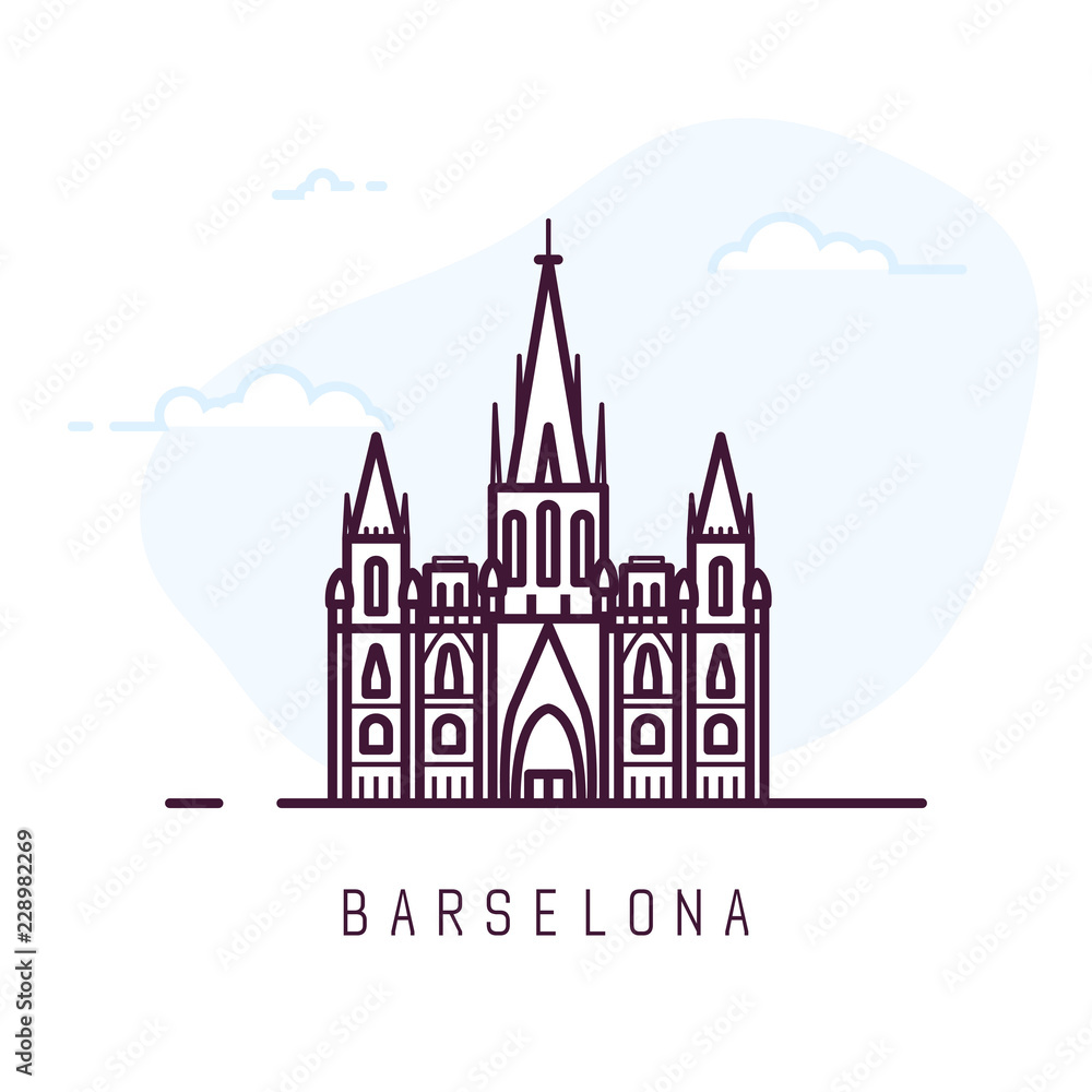 Barcelona city line style illustration. Old and famous Barcelona Cathedral in Spain. Spain architecture city symbol. Outline building vector illustration. Travel banner.