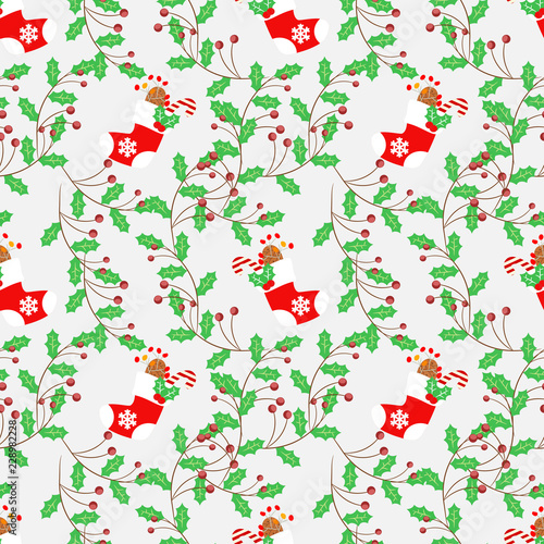 Cute Christmas sock and berry seamless pattern.
